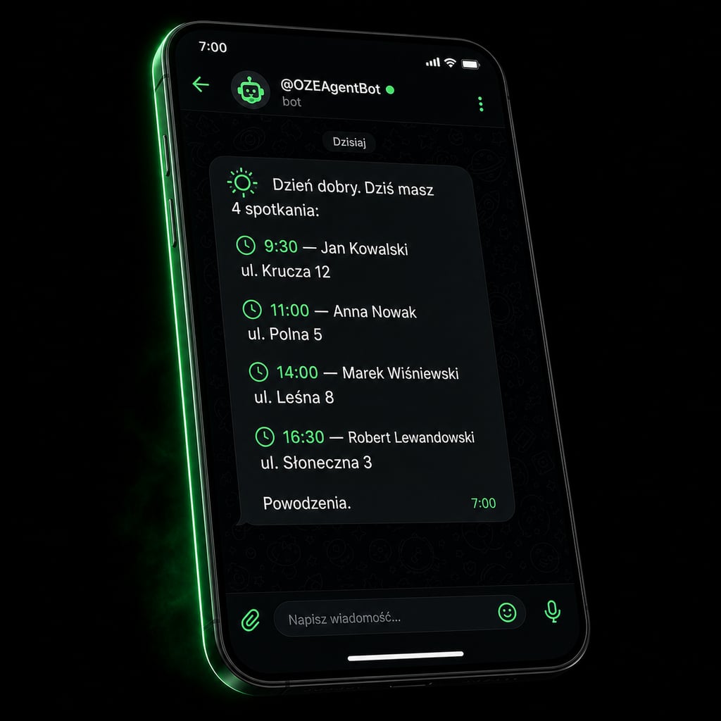 Mockup Telegrama z porannym briefem spotkań - Agent OZE