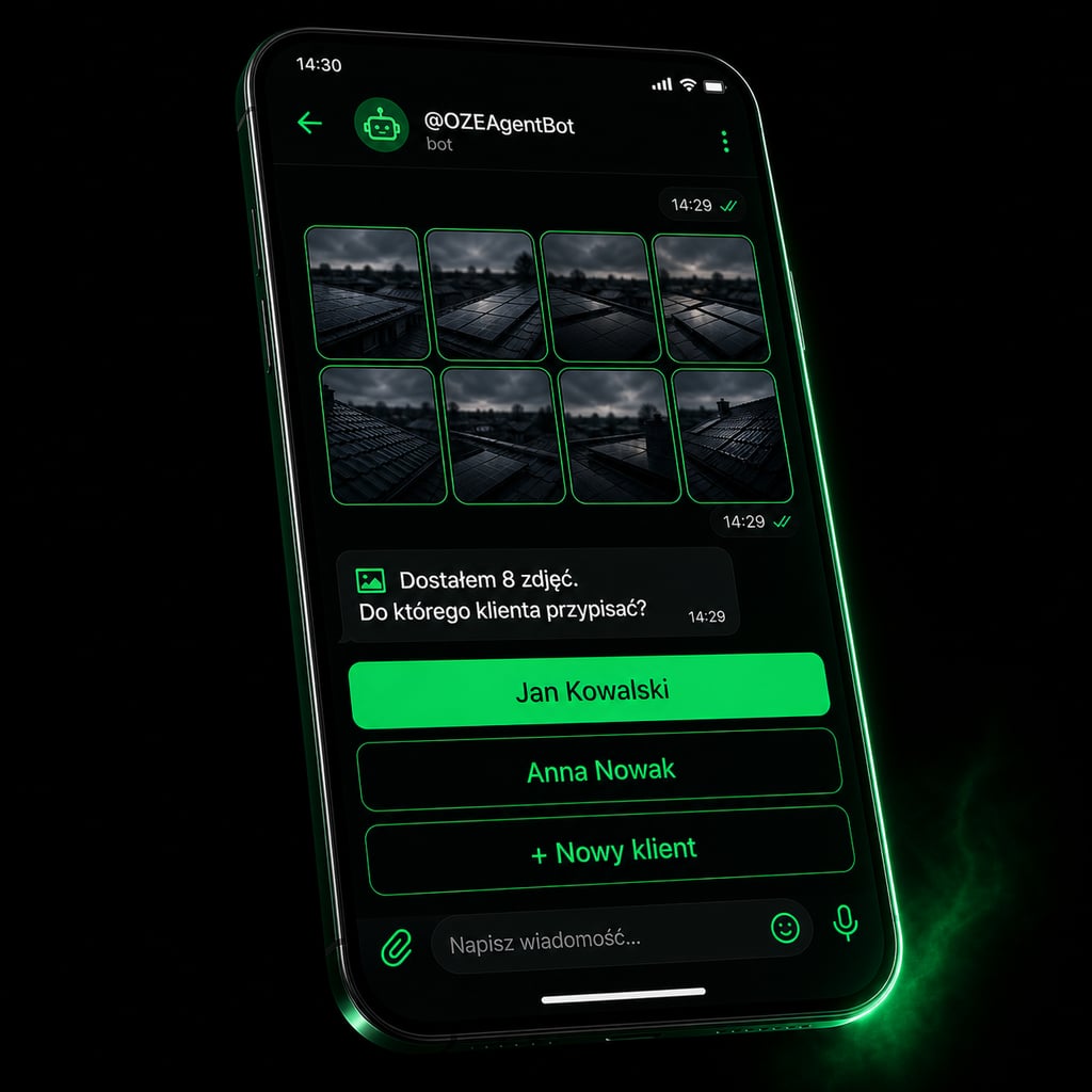 Mockup Telegrama z przypisywaniem zdjęć do klienta - Agent OZE