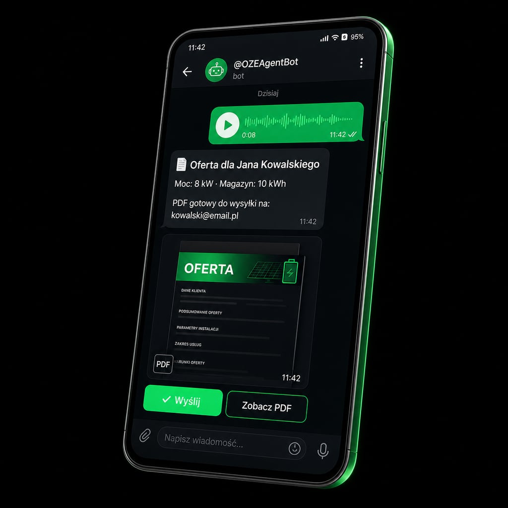Mockup Telegrama z generowaniem oferty PDF - Agent OZE
